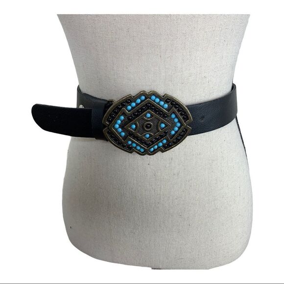 Bronze Color Brass Buckle w/Turquoise and Black‎ - Picture 1 of 13